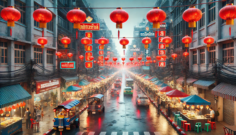 A bustling Yaowarat Road with vibrant red lanterns