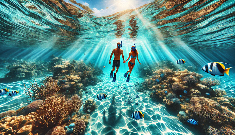 A couple snorkeling in crystal-clear waters