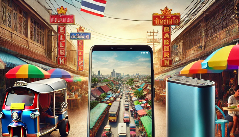 A smartphone with Google Maps open, power bank, and travel adapter set against a Thai street or market background