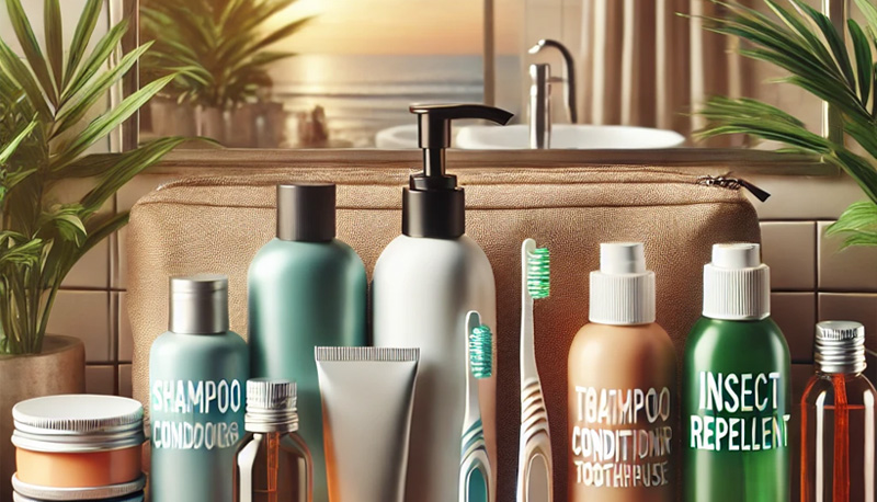 Travel-sized toiletries and insect repellent laid out on a bathroom counter with a tropical vibe.